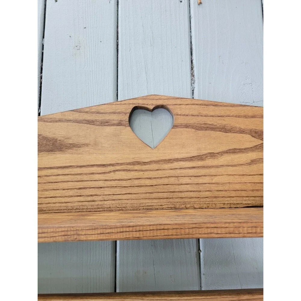Vtg Solid Wood Wall Shelf Quilt Rack Hanging Bar  33.5” Heart Cutout Cottagecore